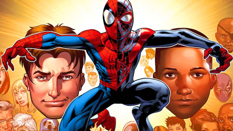 The cast of Ultimate Spider-Man adorns Mark Bagley, David Marquez, Andrew Hennessy, and Justin Ponsor's connecting cover to Ultimate Spider-Man Vol. 1 #200 (2014), Marvel Comics