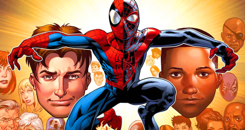 The cast of Ultimate Spider-Man adorns Mark Bagley, David Marquez, Andrew Hennessy, and Justin Ponsor's connecting cover to Ultimate Spider-Man Vol. 1 #200 (2014), Marvel Comics