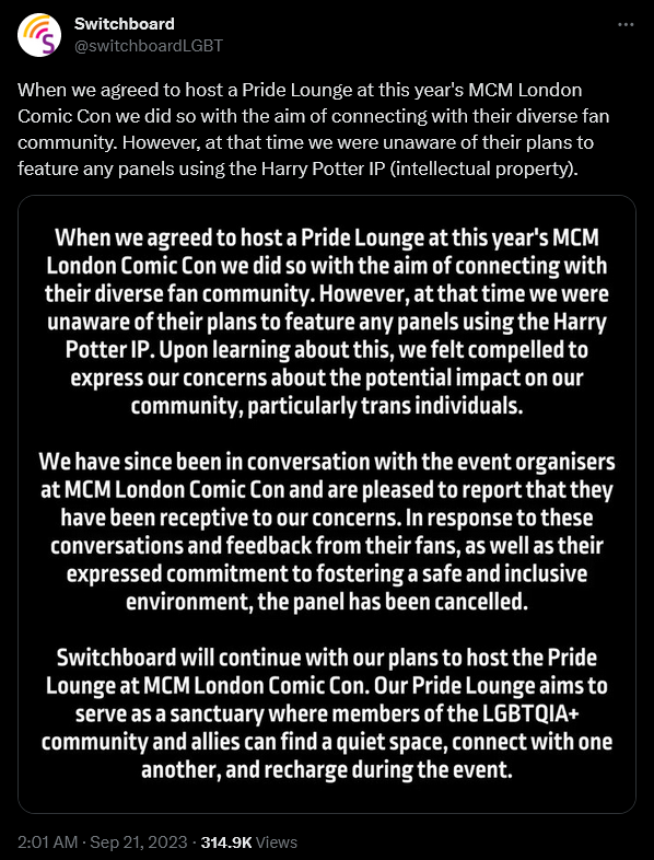 Switchboard has a row over MCM London's decision to host a Harry Potter and The Cursed Child production panel.