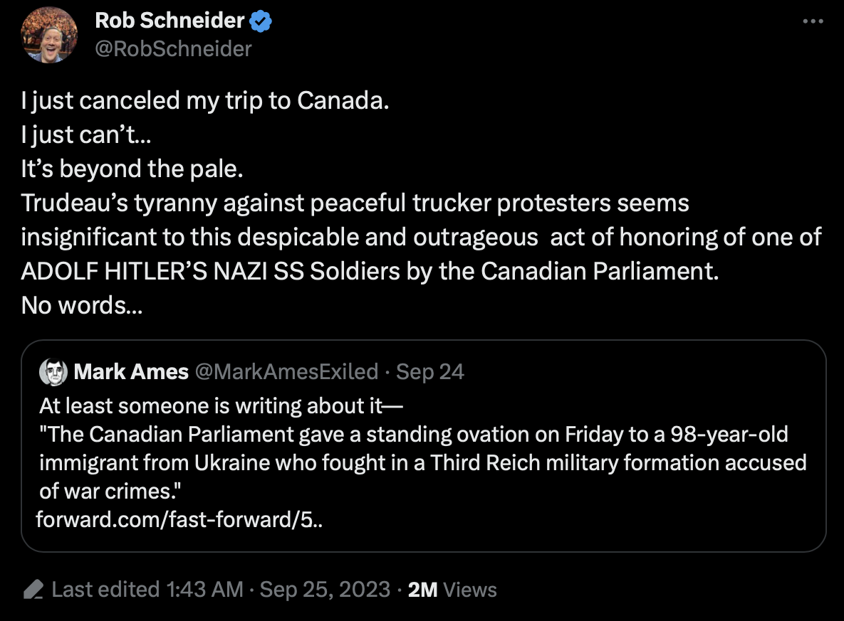 Rob Schneider fala sobre Justin Trudeau e Volodymyr Zelenskyy homenageando o veterano nazista da Segunda Guerra Mundial via X