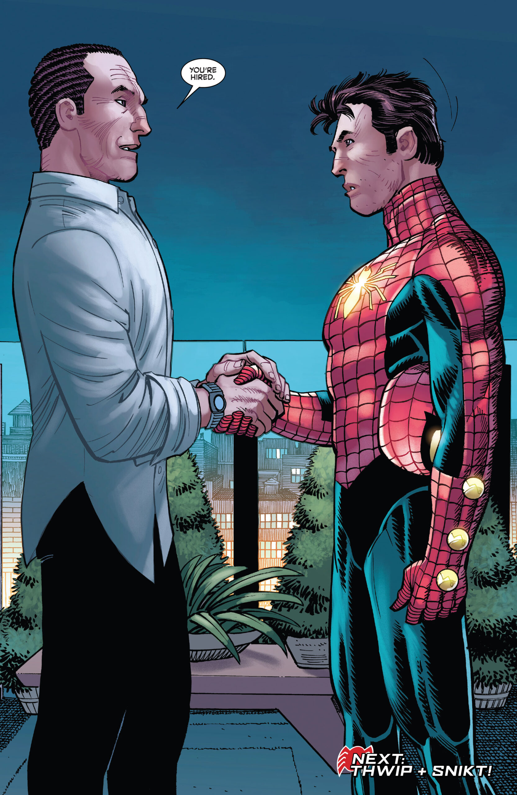 Norman Osborn offers Peter Parker a job at Oscorp in Amazing Spider-Man Vol. 6 #8 (2022), Marvel Comics. Words by Zeb Wells, art by John Romita Jr., Scott Hanna, Marcio Menyz, and Joe Caramagna.