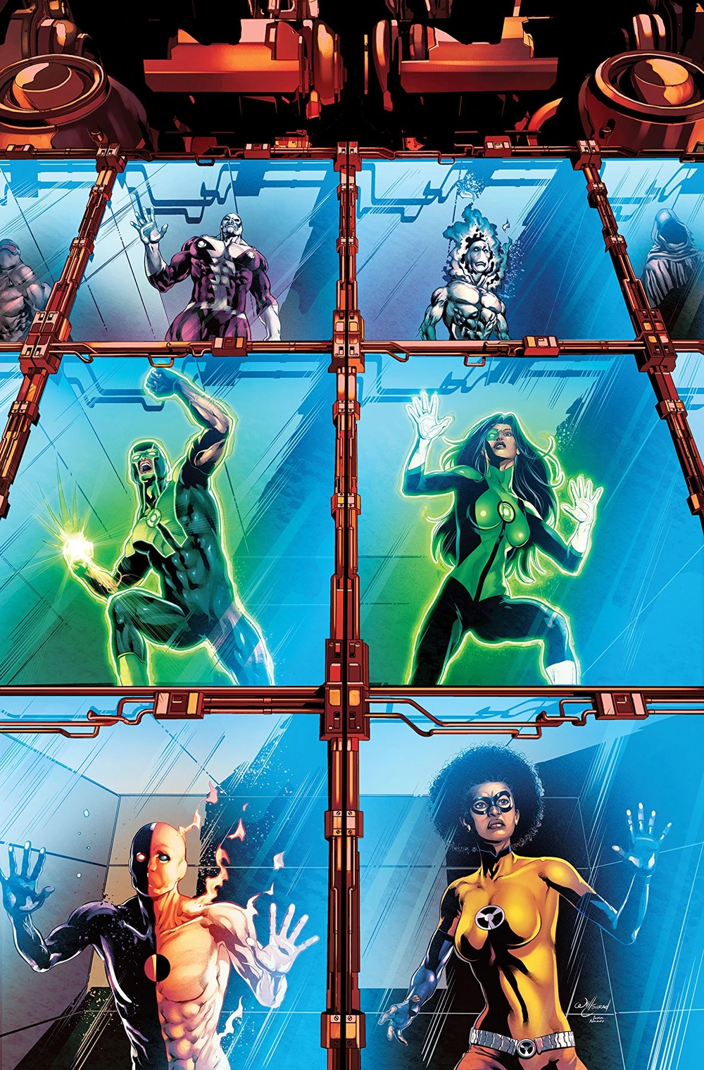 Simon Baz and Jessica Cruz are being sold to the highest bidder on Will Conrad and Ivan Nunes' cover to Green Lanterns Vol. 1 #40 "Superhuman Trafficking, Part One" (2018), DC