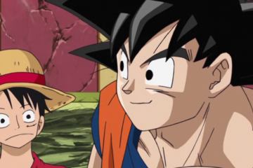 Goku (Masako Nozawa) compliments Luffy's (Mayumi Tanaka) fighting prowess in Dream 9 Toriko x One Piece x Dragon Ball Z Super Collaboration Special (2013), Toei Animation