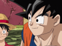 Goku (Masako Nozawa) compliments Luffy's (Mayumi Tanaka) fighting prowess in Dream 9 Toriko x One Piece x Dragon Ball Z Super Collaboration Special (2013), Toei Animation