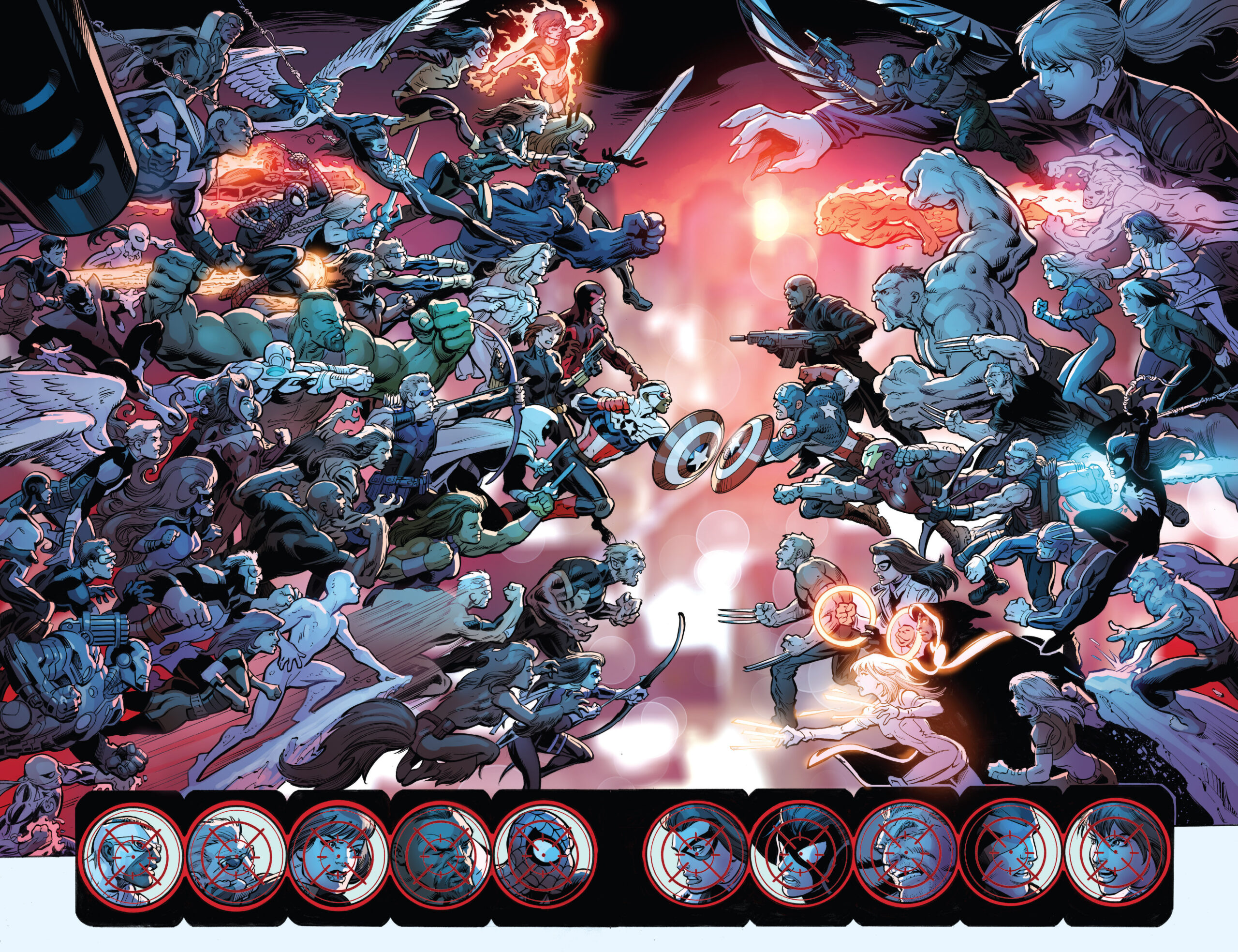 The 616 and the 1610 enter a final fight for survival in Ultimate End Vol. 1 #1 (2015), Marvel Comics. Art by Mark Bagley, Scott Hanna, and Justin Ponsor.