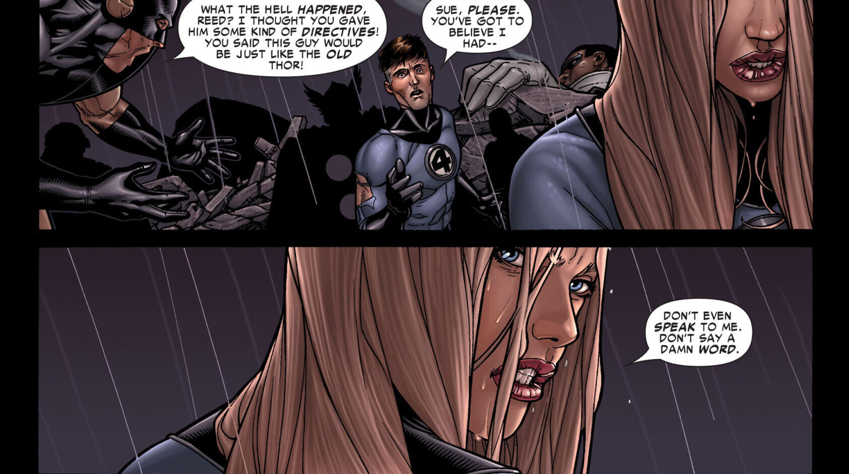 Sue Storm has had enough of Reed Richards' betrayal in Civil War Vol. 1 #4 (2006), Marvel Comics. Words by Mark Millar, art by Steve McNiven, Dexter Vines, Morry Hollowell, and Chris Eliopoulous.
