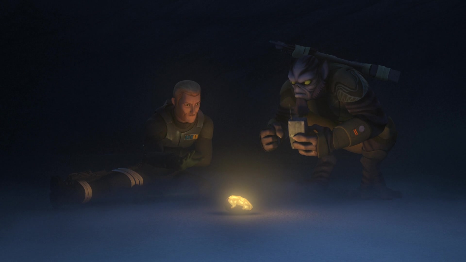 Zeb (Steve Blum) and Agent Kallus (David Oyelowo) attempt to keep warm in Star Wars Rebels Season 2 Episode 17 "The Honorable Ones" (2016), Lucasfilm