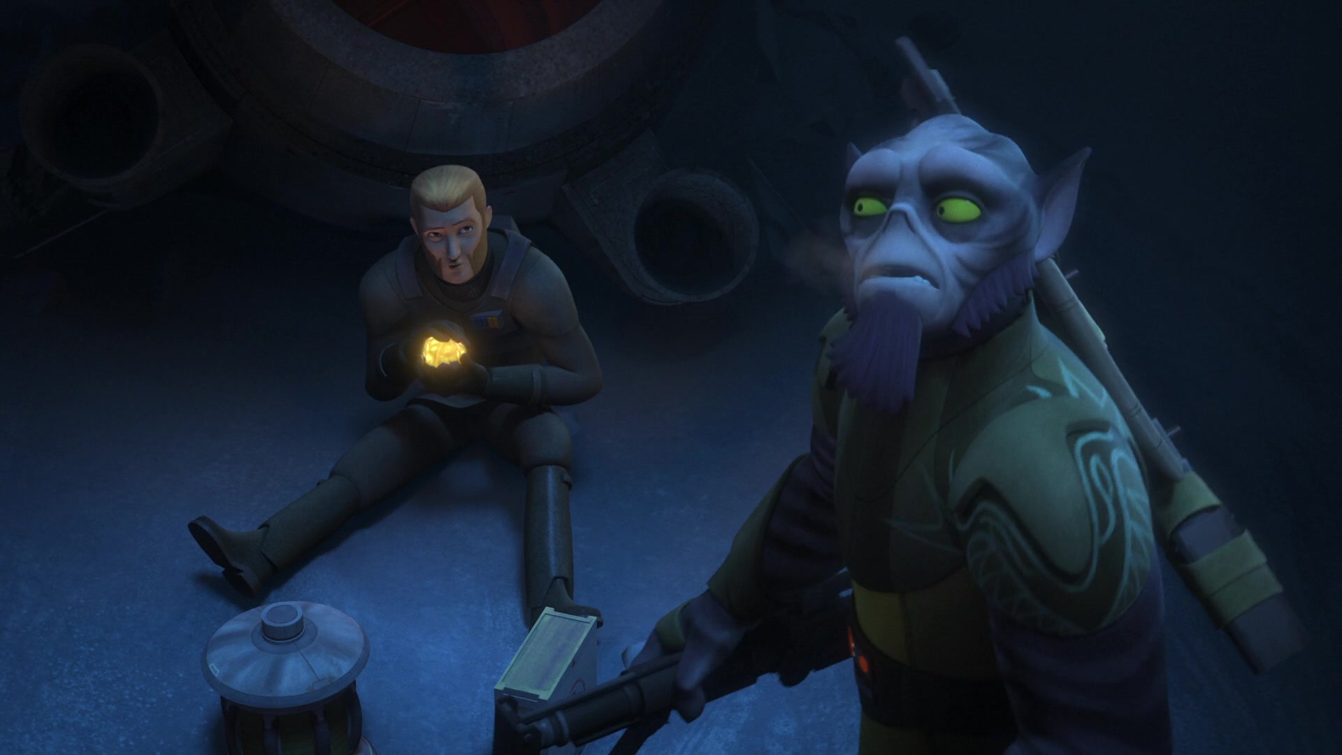 Zeb (Steve Blum) realizes he needs to work together with Agent Kallus (David Oyelowo) in Star Wars Rebels Season 2 Episode 17 "The Honorable Ones" (2016), Lucasfilm