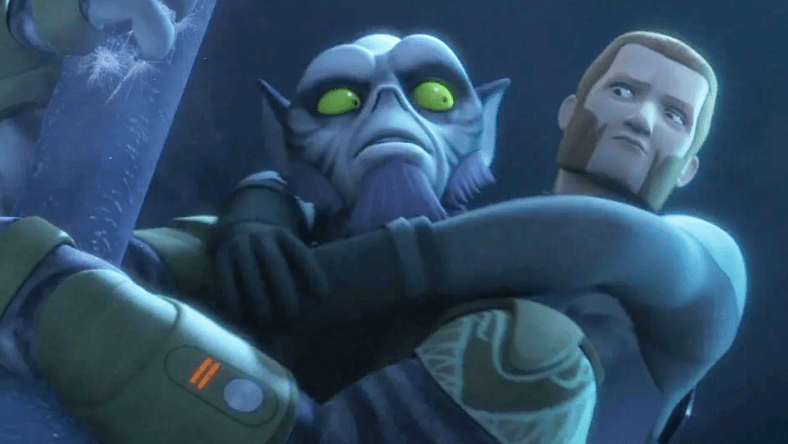 Zeb (Steve Blum) carries Agent Kallus (David Oyelowo) to safety in Star Wars Rebels Season 2 Episode 17 "The Honorable Ones" (2016), Lucasfilm