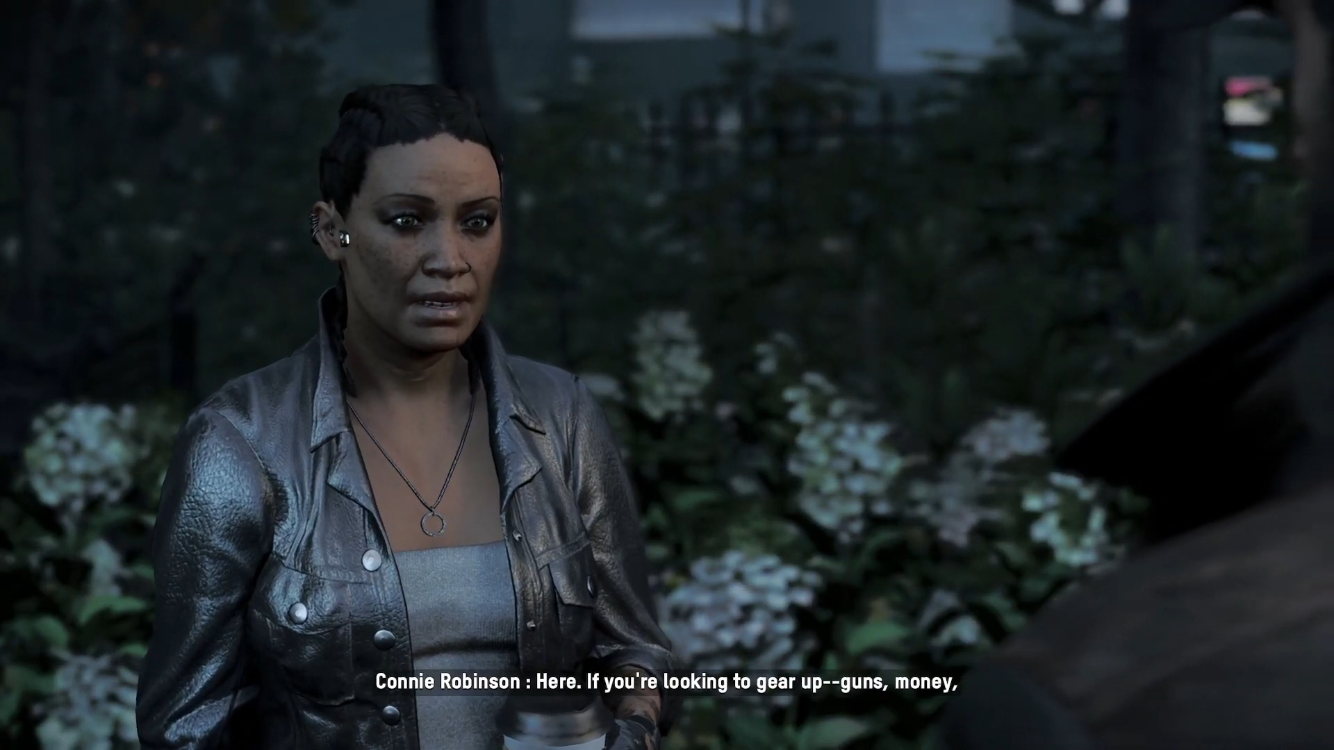 Connie Robinson (Cathy Young) offers her services to Aiden Pearce (Noam Jenkins) in Watch Dogs: Legion - Bloodline (2021), Ubisoft