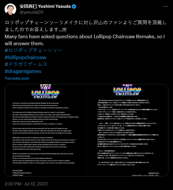 Yoshimi Yasuda Addresses Fan Concerns Regarding 'Lollipop Chainsaw