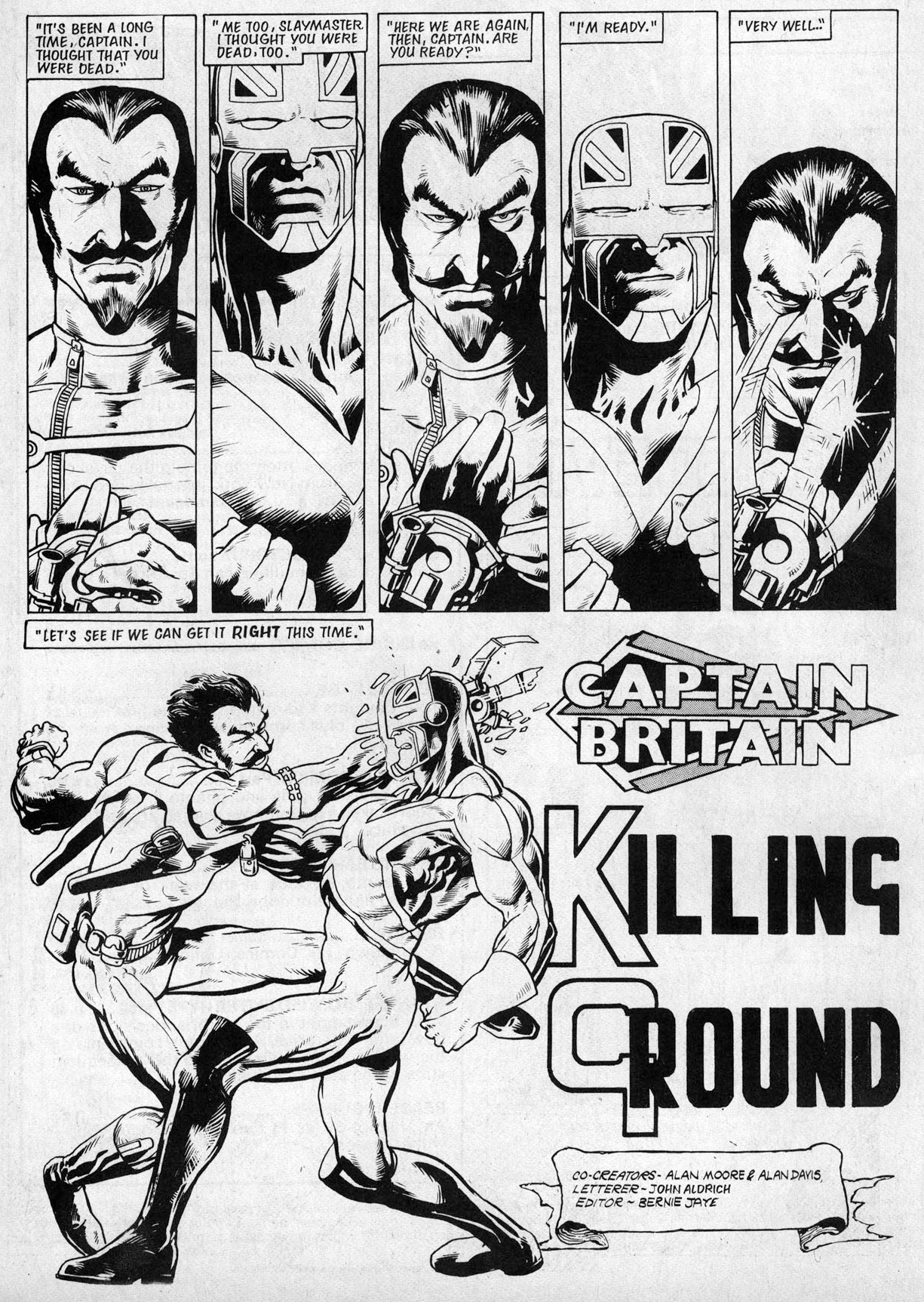 Captain Britain and Slaymaster come to blows in The Daredevils Vol. 1 #4 "Killing Ground" (1983), Marvel Comics. Words by Alan Moore, art by Alan Davis and John Aldrich.