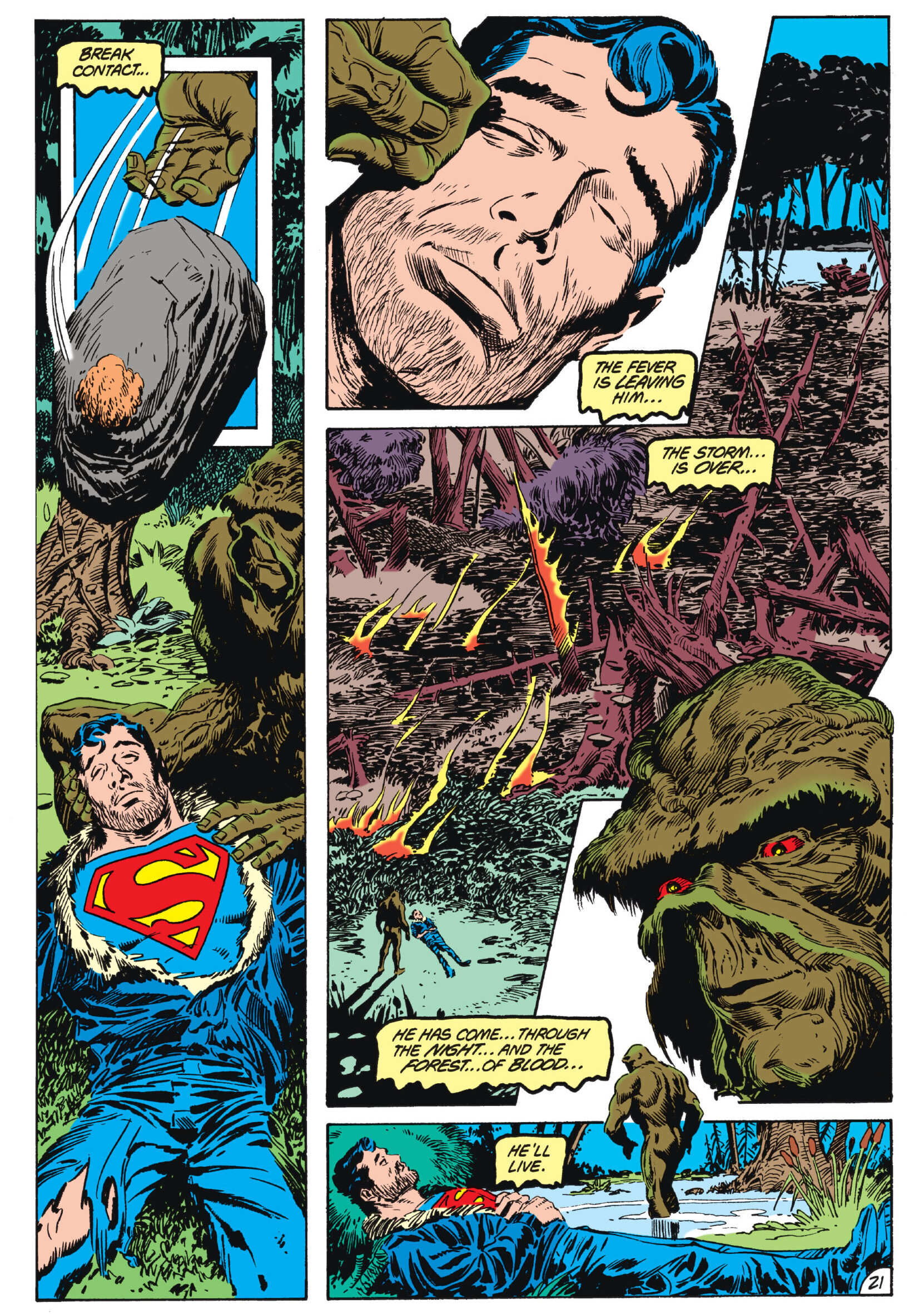 Swamp Thing saves Superman's life in The Saga of the Swamp Thing Vol. 2 #24 "Roots" (1984), Marvel Comics. Words by Alan Moore, art by Steve Bissette, John Totleben, Tatjana Wood, and John Costanza.
