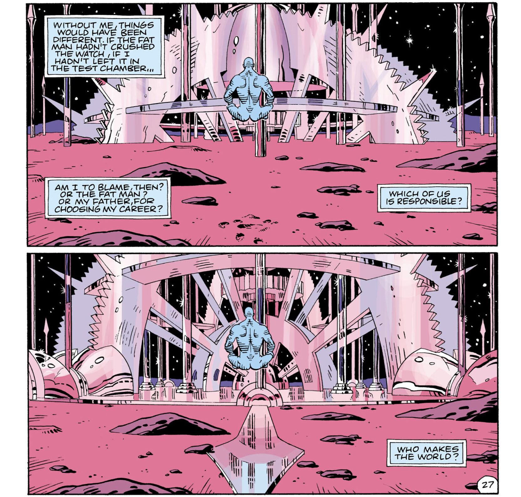 Doctor Manhattan begins the act of creation in Watchmen Vol. 1 #4 "Watchmaker" (1986), DC. Words by Alan Moore, art by Dave Gibbons and John Higgins.
