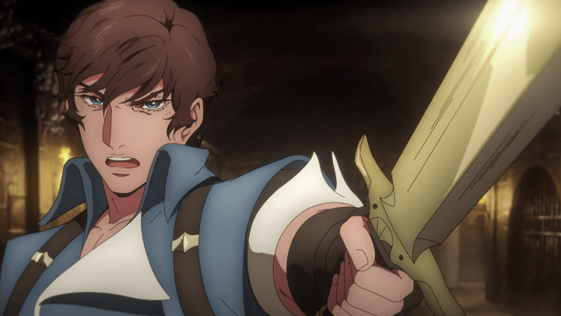 Richter Belmont (Edward Bluemel) draws his blade in Castlevania: Nocturne Episode 4 Horrors of the Earth" (2023), Netflix