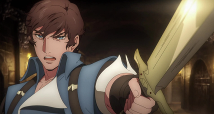 Richter Belmont (Edward Bluemel) draws his blade in Castlevania: Nocturne Episode 4 Horrors of the Earth" (2023), Netflix