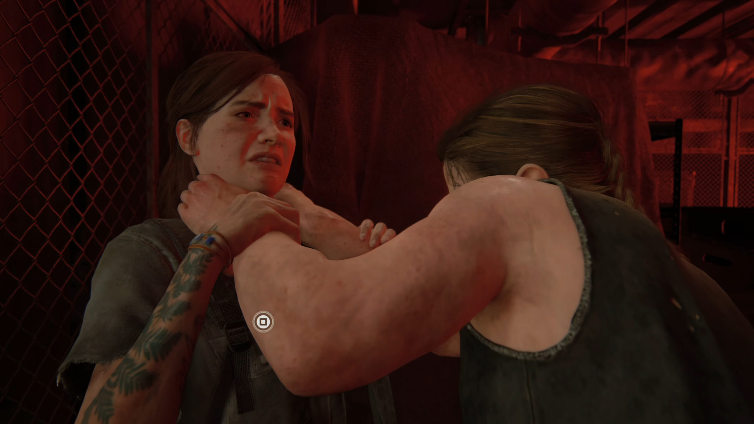 Abby (Laura Bailey) chokes out Ellie (Ashley Johnson) in The Last of Us Part II (2020), Naughty Dog
