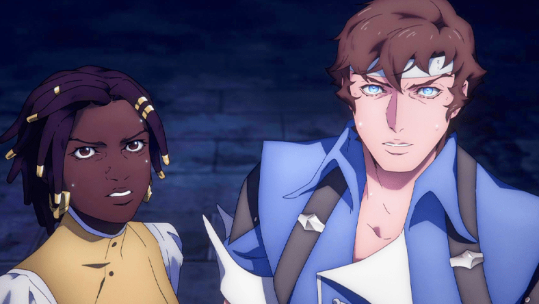 Richter (Edward Bluemel) and Annette (Thus Mbedu) witness a solar eclipse in Castlevania: Nocturne Season 1 Episode 7 "Blood Is the Only Way" (2023), Netflix