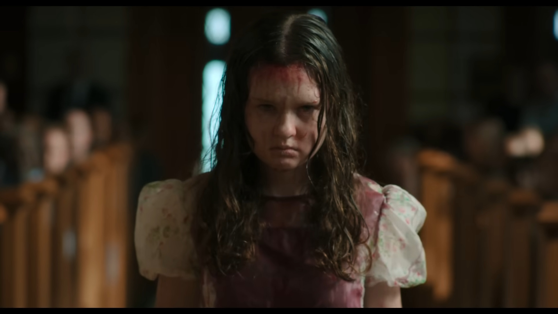 Lamashtu (Lize Johnston) uses Katherine (Olivia O'Neill) to curse the name of God in The Exorcist: Believer (2023), Universal Pictures