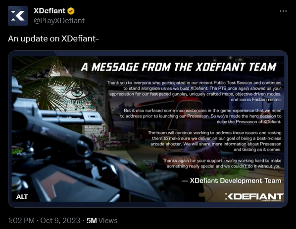 Ubisoft announce the indefinite delay of 'XDefiant'