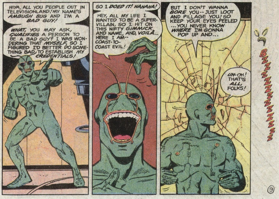 Ambush Bug makes his DC debut in DC Comics Presents Vol. 1 #52 "Negative Woman Goes Berserk!" (1982), DC. Words by Paul Kupperberg, art by Keith Giffen, Sal Trapani, Gene D'Angelo, and Ben Oda.