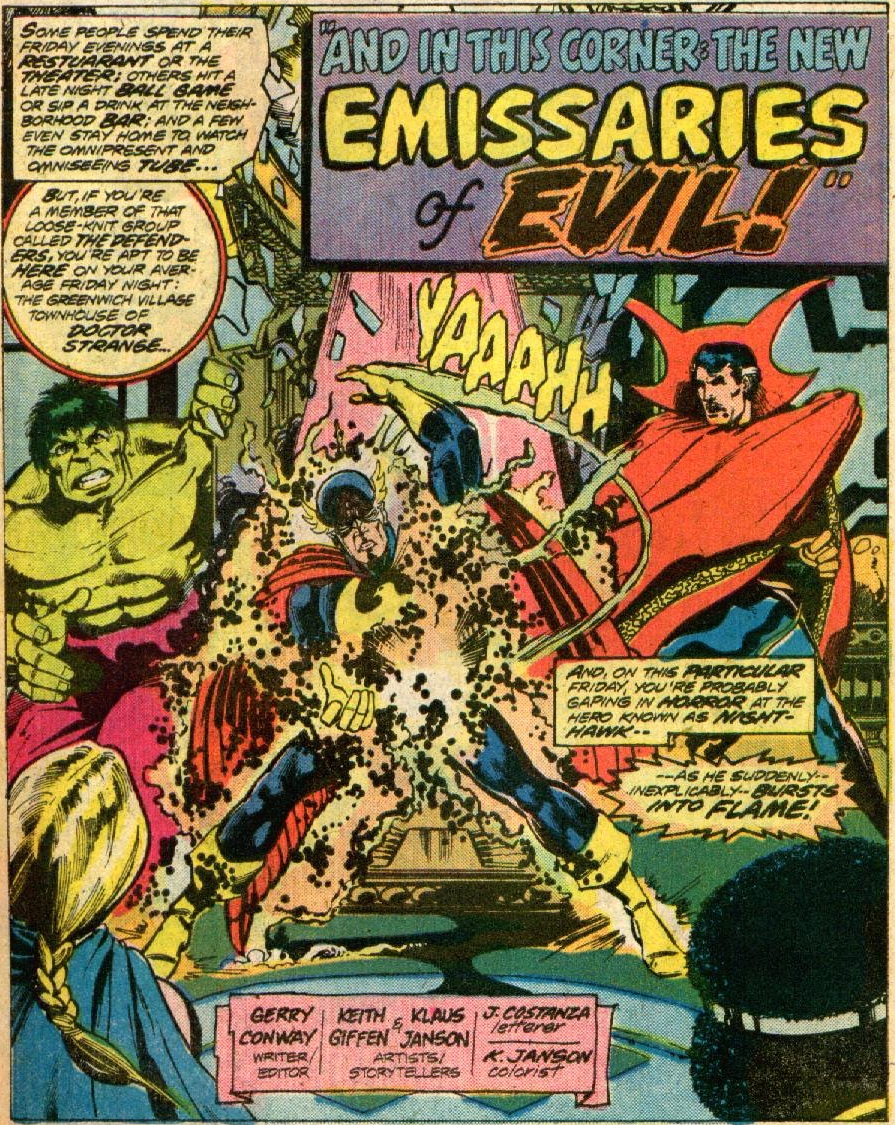 Nighthawk finds himself possessed by negative energies in Defenders Vol. 1 #42 "And in This Corner: The New Emissaries of Evil!" (1976), Marvel Comics. Words by Gerry Conway, art by Keith Giffen, Klaus Janson, and John Costanza.
