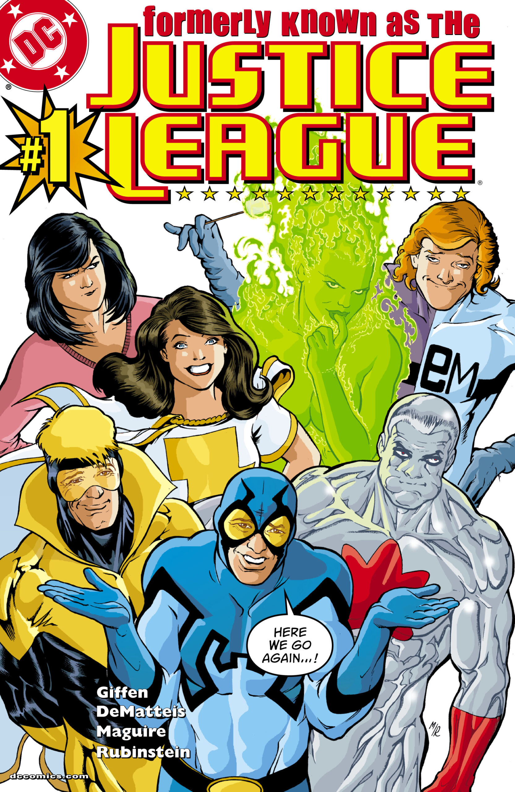 The team gets back together on Kevin Maguire's cover to Formerly Known as the Justice League Vol. 1 #1 "A[nother] New Beginning" (2003), DC.