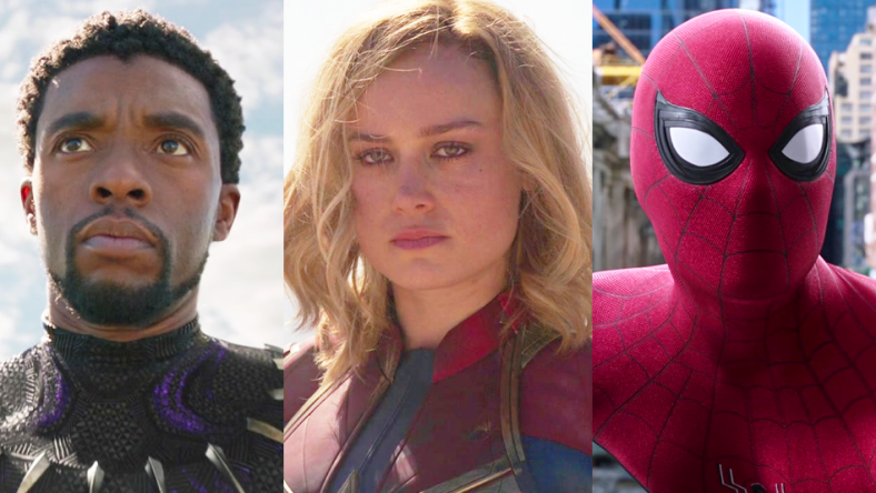 T'Challa (Chadwick Boseman) stands ready in Black Panther (2018), Marvel Entertainment / Captain Marvel (Brie Larson) stands triumphant in Captain Marvel (2019), Marvel Entertainment / Spider-Man (Tom Holland) is met with an unexpected identity reveal in Spider-Man: Far From Home (2019), Marvel Entertainment