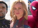 T'Challa (Chadwick Boseman) stands ready in Black Panther (2018), Marvel Entertainment / Captain Marvel (Brie Larson) stands triumphant in Captain Marvel (2019), Marvel Entertainment / Spider-Man (Tom Holland) is met with an unexpected identity reveal in Spider-Man: Far From Home (2019), Marvel Entertainment