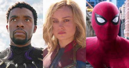 T'Challa (Chadwick Boseman) stands ready in Black Panther (2018), Marvel Entertainment / Captain Marvel (Brie Larson) stands triumphant in Captain Marvel (2019), Marvel Entertainment / Spider-Man (Tom Holland) is met with an unexpected identity reveal in Spider-Man: Far From Home (2019), Marvel Entertainment