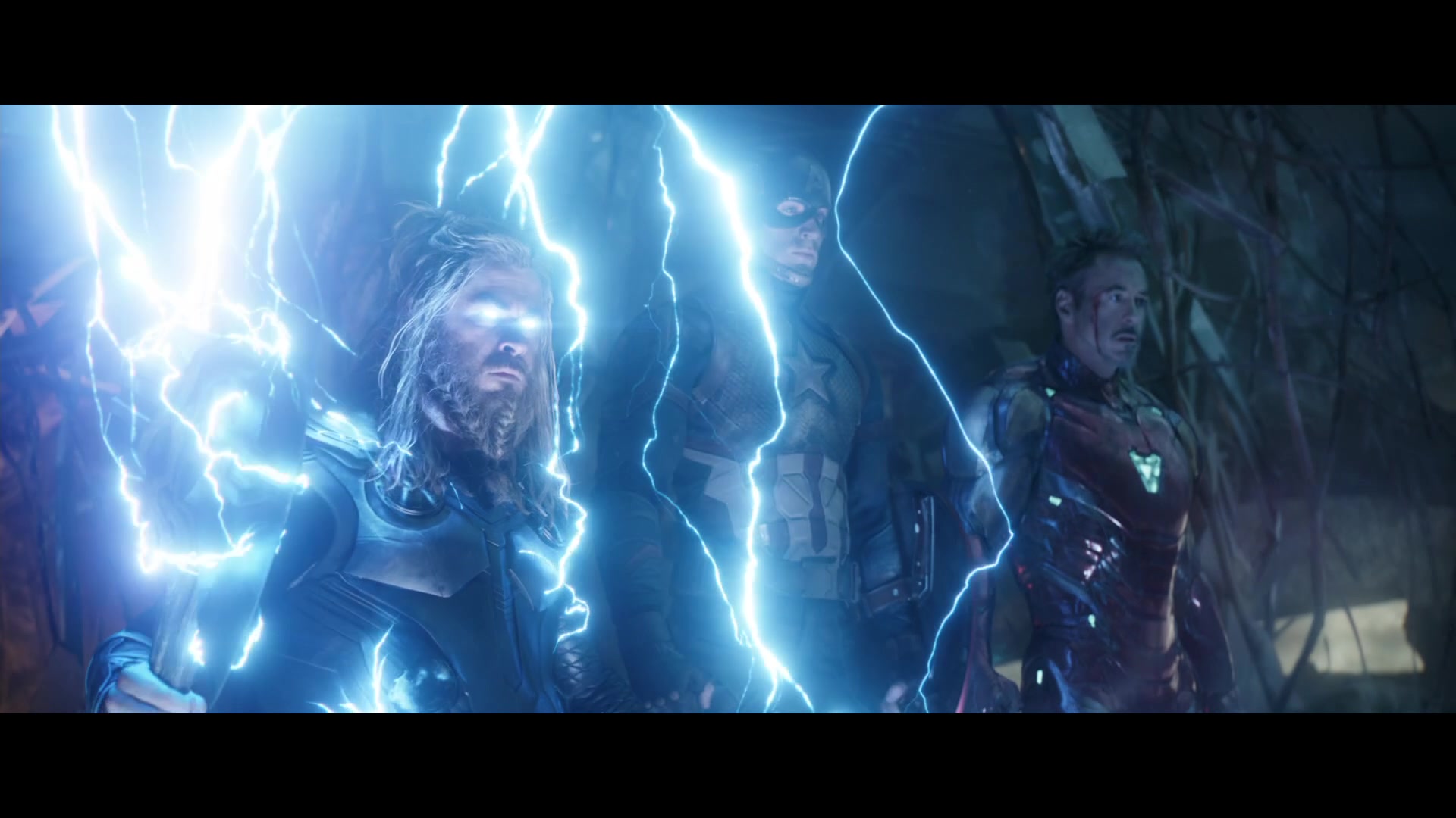 Thor (Chris Hemsworth), Captain America (Chris Evans) and Iron Man (Robert Downey. Jr) stand together one final time in Avengers: Endgame (2019), Marvel Entertainment