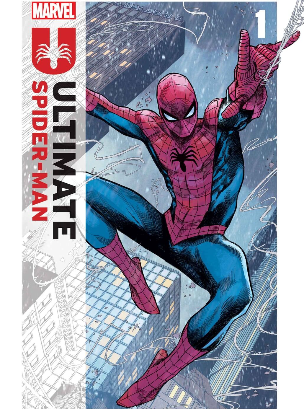Spider-Man swings into the 1610 on Marco Checchetto's cover to Ultimate Spider-Man Vol. 3 #1 (2024), Marvel Comics