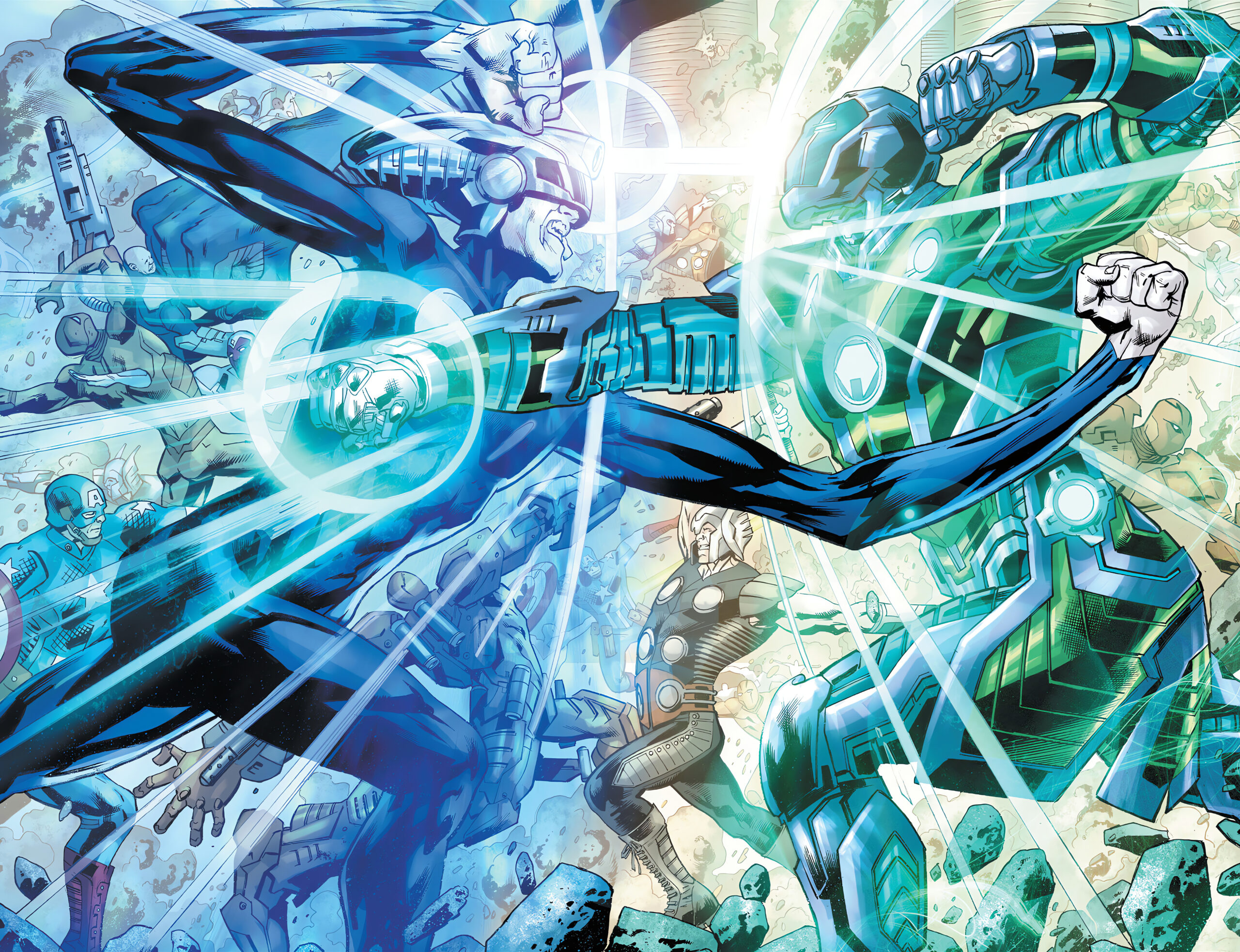 The Maker and Ultimate Kang the Conqueror come to blows over the fate of the 1610 in Ultimate Invasion Vol. 1 #4 "Chapter Four: Yesterday, Today, Tomorrow" (2023), Marvel Comics. Words by Jonathan Hickman, art by Bryan Hitch, Andrew Currie, Alex Sinclair, and Joe Caramagna