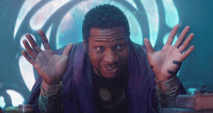 He Who Remains (Jonathan Majors) explains to Loki (Tom Hiddleston) and Sylvie (Sophia Di Martino) how his other variations attempted to conquer the multiverse in Loki (2021), Marvel Studios