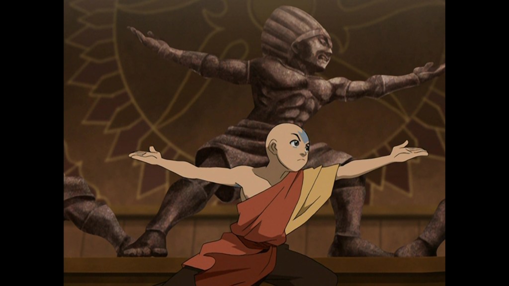 Aang (Zach Tyler Eisen) demonstrates the basics of Air Bending to Zuko (Dante Basco) in Avatar: The Last Airbender Season 3 Episode 12 "The Western Air Temple" (2008), Nickelodeon