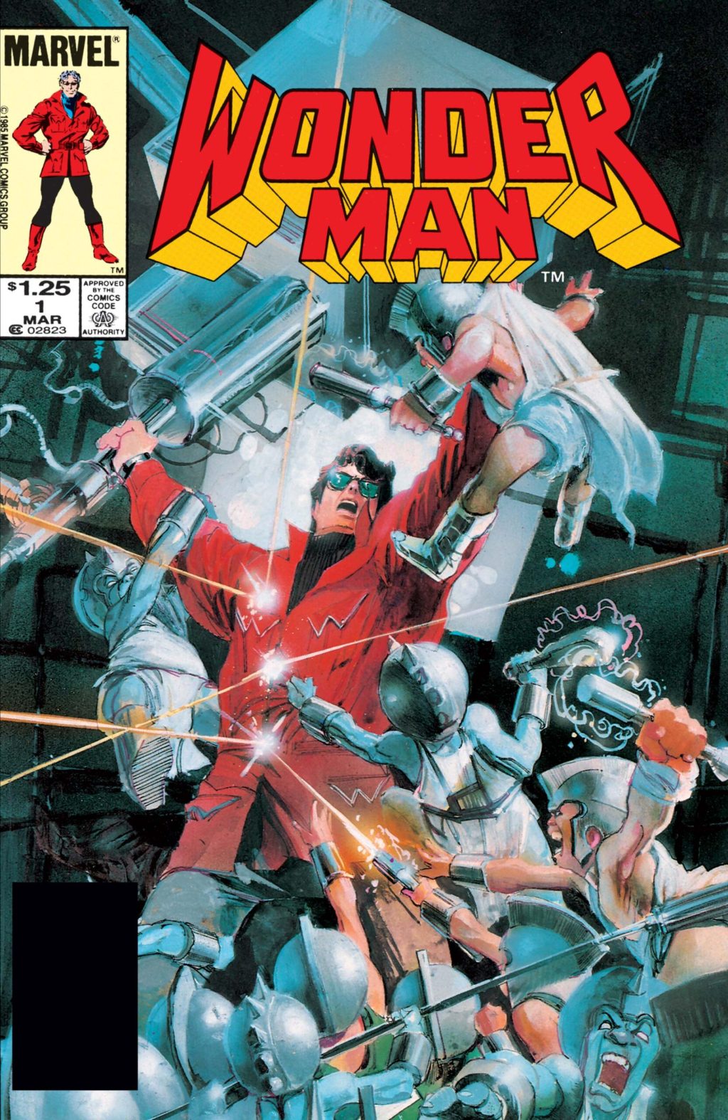 Wonder Man takes on the forces of Cordo, Inc. on Bill Sienkiewicz's cover to Wonder Man Vol. 1 #1 "Wonder Man" (1985), Marvel Comics