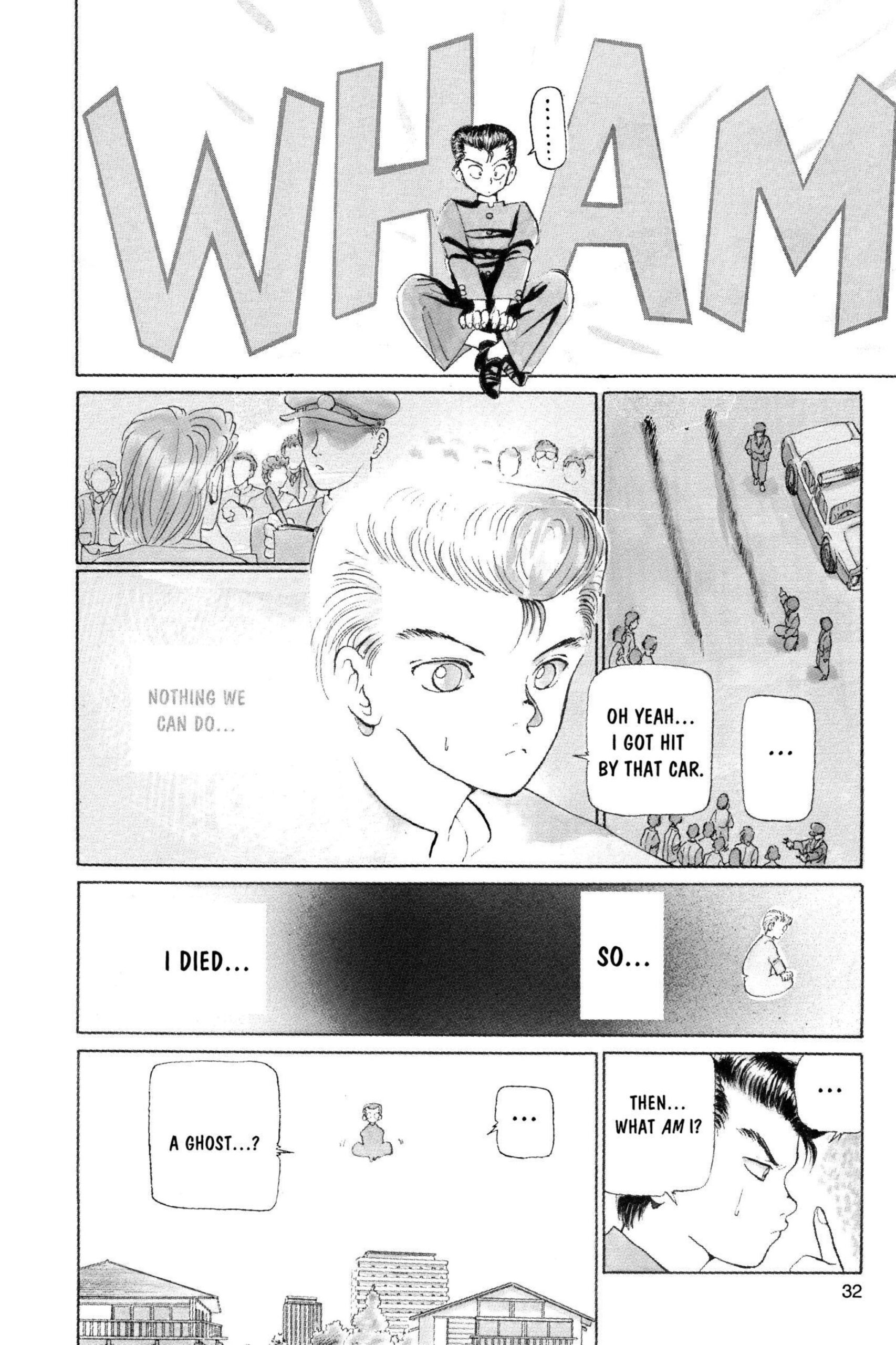 Yusuke Urameshi realizes he's no longer alive in Yu Yu Hakusho Ch. 1 "Goodbye, Material World" (1990), Shueisha. Words and art by Yoshihiro Togashi.