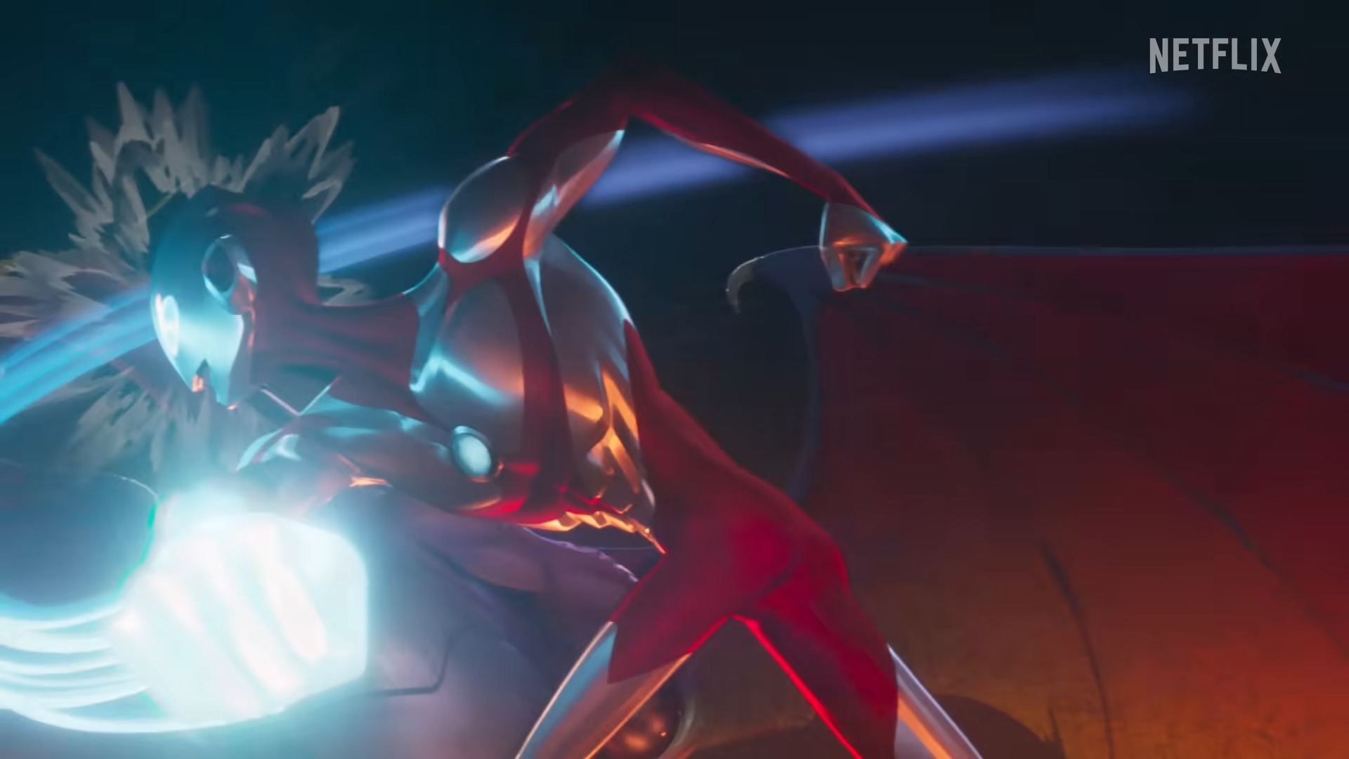 The titular toku hero follows through on his punch in Ultraman Rising (2024), Netflix