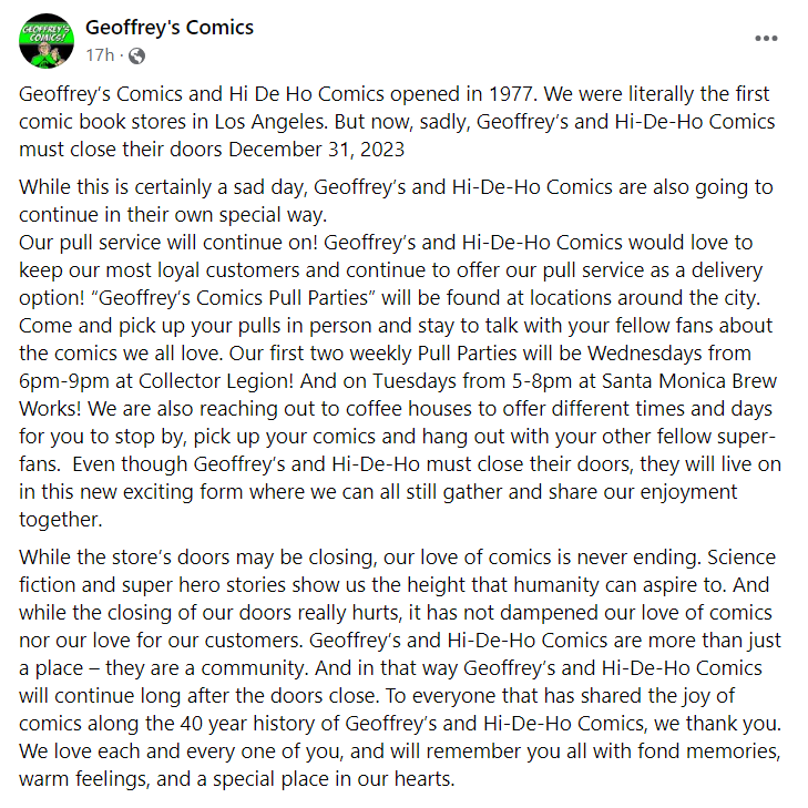 Geoffrey's Comics announces the end of its tenure via Facebook