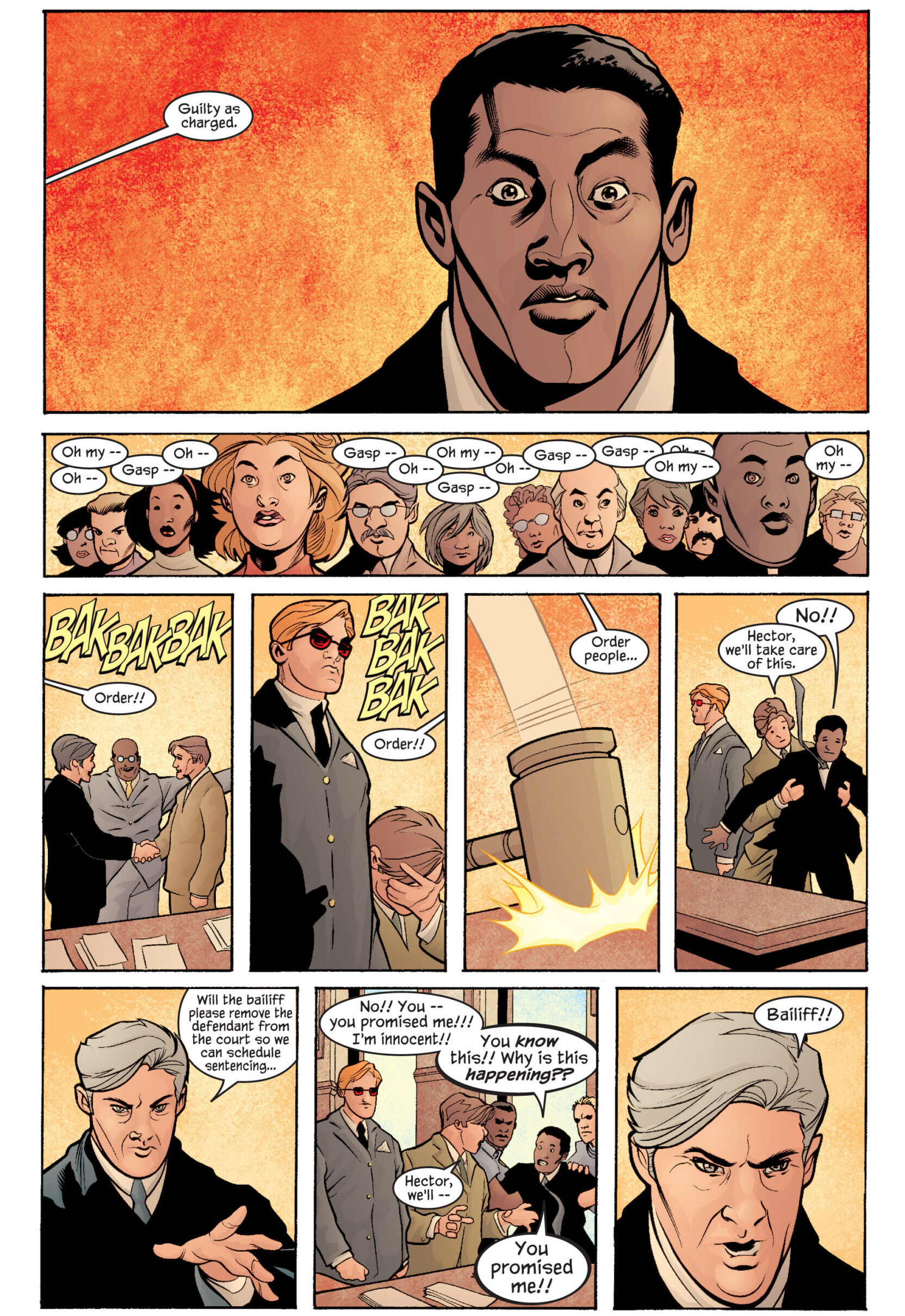 Hector Ayala is found guilty of a murder he did not commit in Daredevil Vol. 2 #38 "The Trial of the Century, Part 1" (2002), Marvel Comics. Words by Brian Michael Bendis, art by Terry Dodson, Rachel Dodson, Matt Hollingsworth, and Richard Starkings.