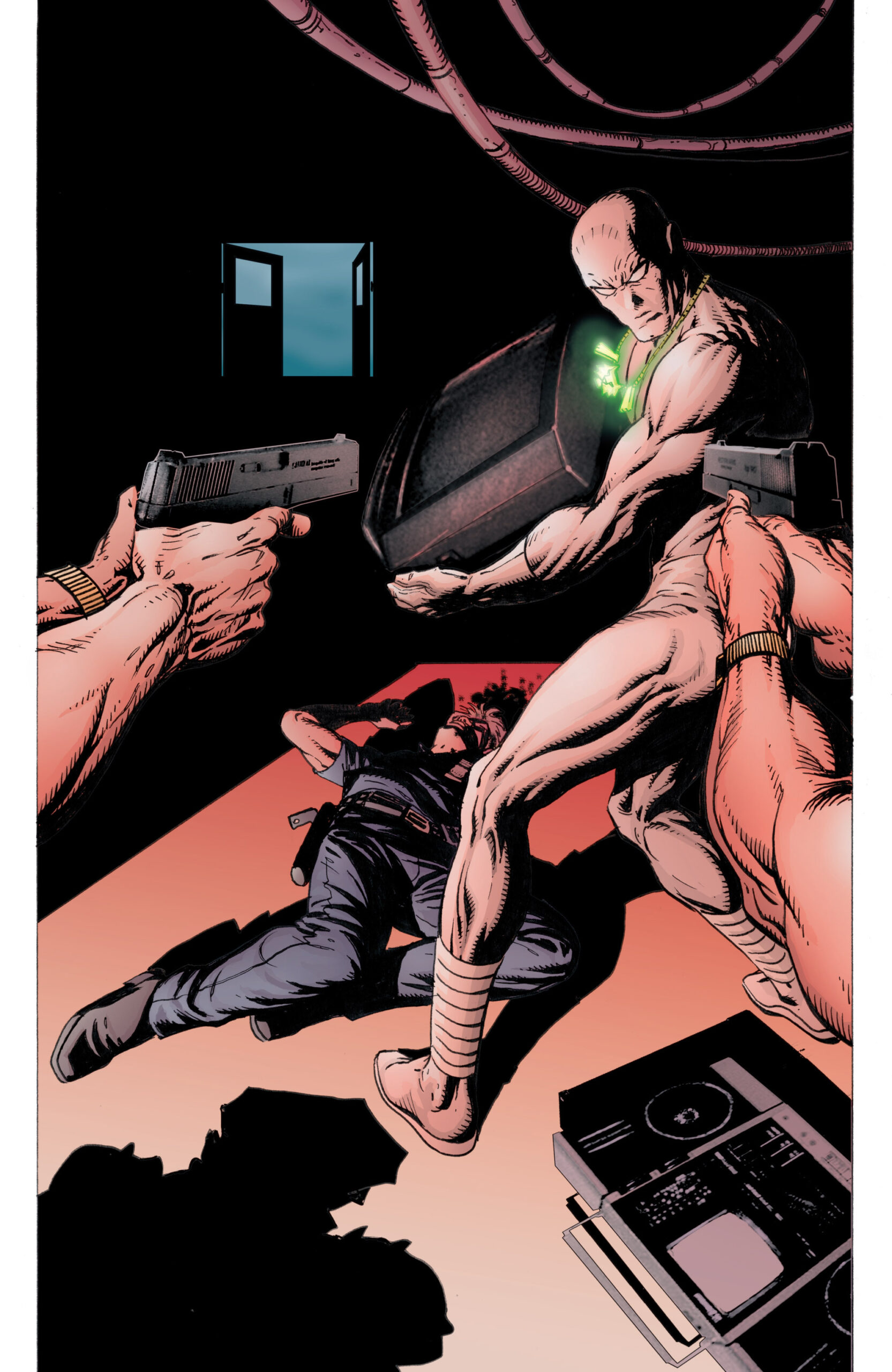 Hector Ayala finds himself in an incriminating position in Daredevil Vol. 2 #38 "The Trial of the Century, Part 1" (2002), Marvel Comics. Words by Brian Michael Bendis, art by Manuel Gutierrez, Matt Hollingsworth, and Richard Starkings.