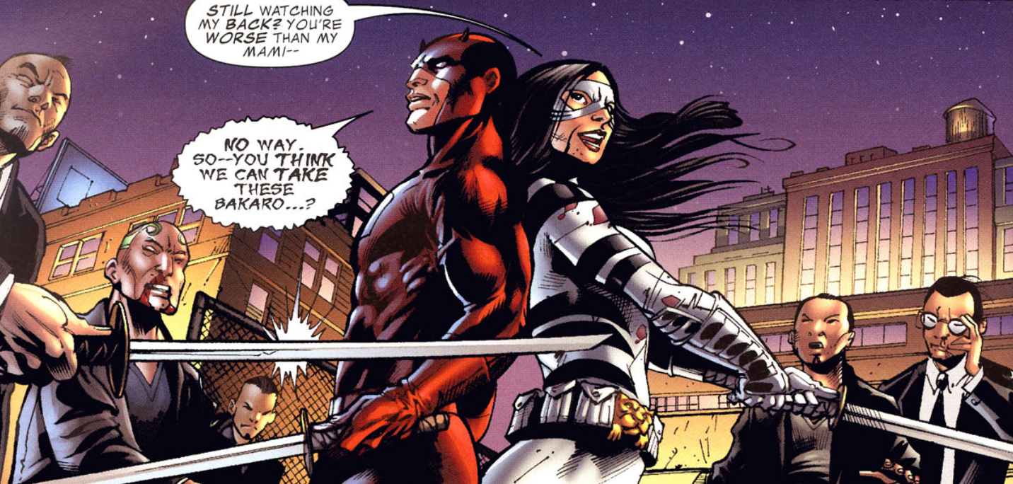 "Daredevil" and Angela Del Toro fight back-to-back in White Tiger Vol. 1 #2 "A Hero's Compulsion Part II - Claws" (2006), Marvel Comics. Words by Tamora Pierce and Timothy Liebe, art by Phil Briones, Don Hillsman, Chris Sotomayor, and Rus Wooton.