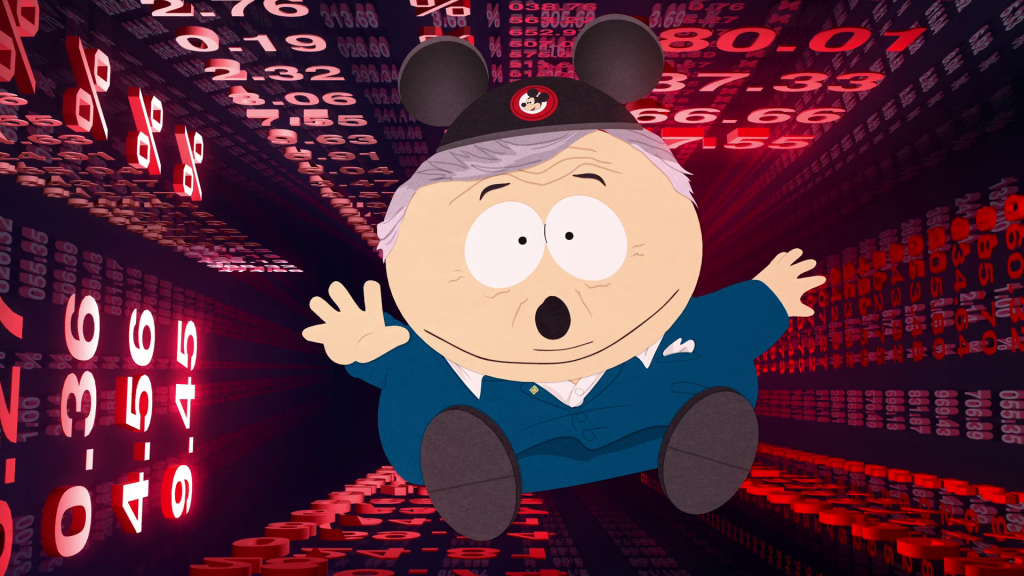 Bob Iger (Trey Parker) não consegue impedir a queda dos preços das ações da Disney em South Park: Joining the Panderverse (2023), Paramount