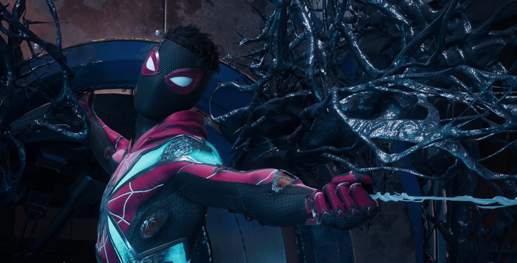 Miles Morales (Nadji Jeter) attempts to keep the Klyntar Key out of Venom's (Tony Todd) reach in Marvel's Spider-Man 2 (2023), Insomniac Games
