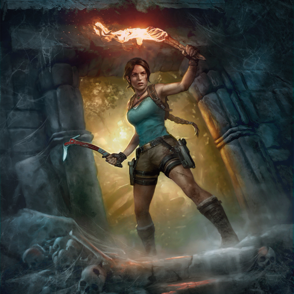 Lara Croft raids a tomb via Card #1501, Magic: The Gathering - Secret Lair Drop (2023), Wizards of the Coast. Art by Greg Staples.