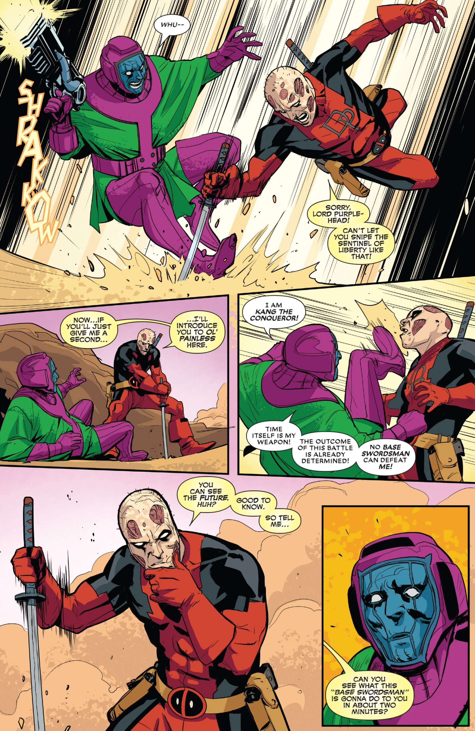 Deadpool takes on Kang the Conqueror in Deadpool’s Secret Secret Wars Vol. 1 #1 (2015), Marvel Comics. Words by Cullen Bunn, art by Matteo Lolli, Ruth Redmond, and Joe Sabino.