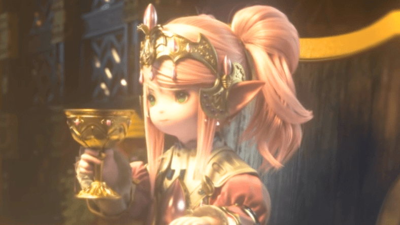 Nanamo Ul Namo (Mariya Ise) prepares to imbibe an unexpected drink in Final Fantasy XIV: Heavensward (2015), Square Enix