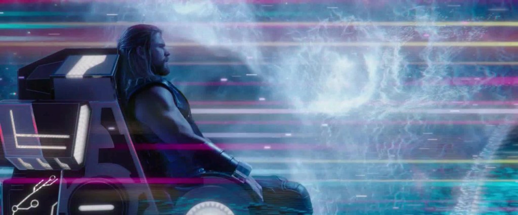 Thor (Chris Hemsworth) finds himself under the control of the Grandmaster (Jeff Goldblum) in Thor: Ragnarok (2017), Marvel Entertainment