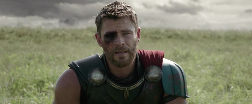 Thor (Chris Hemsworth) asks Odin (Anthony Hopkins) for advice in defeating Hela (Cate Blanchett) in Thor: Ragnarok (2017), Marvel Entertainment