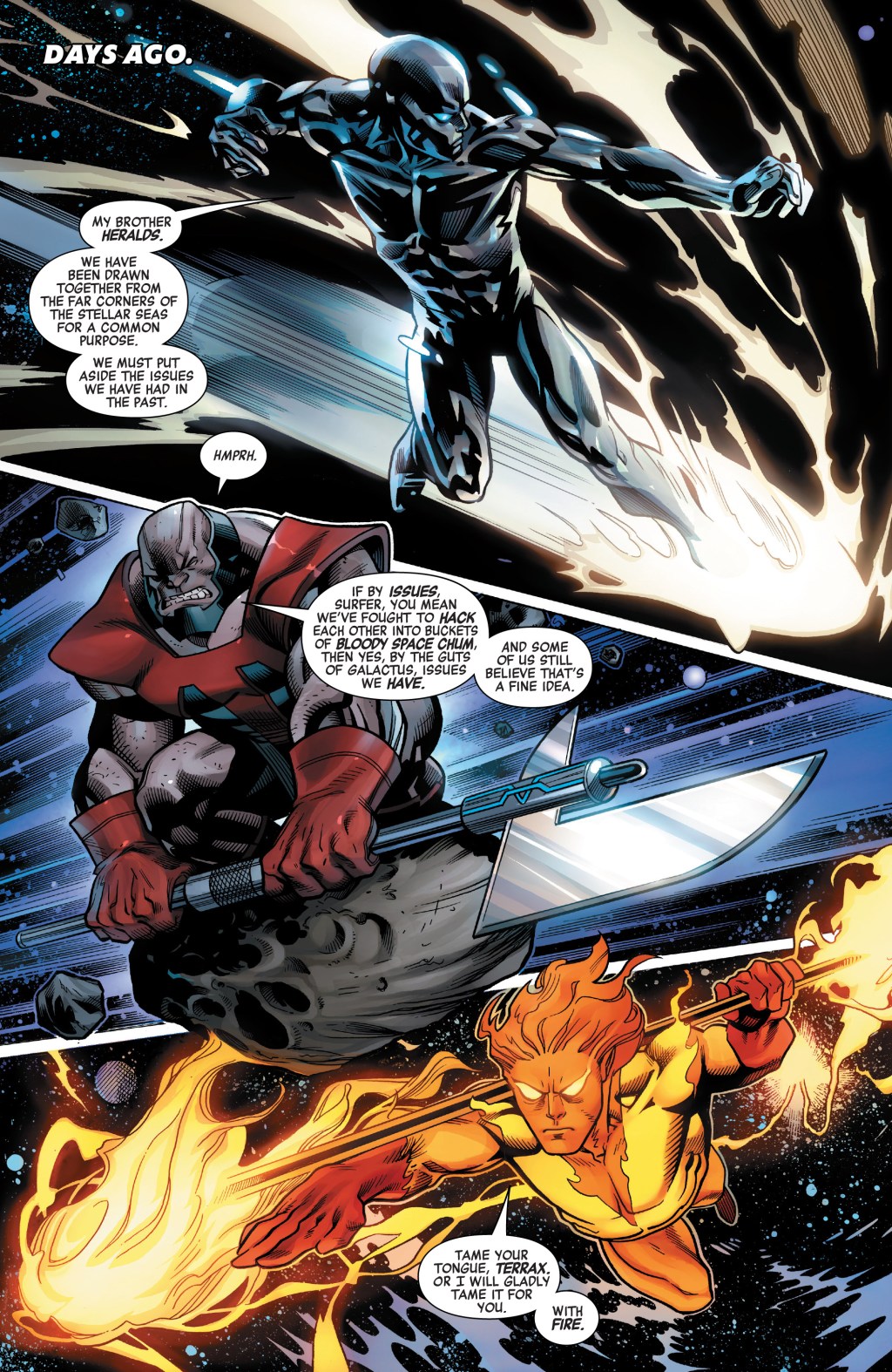 The Silver Surfer reaches out to his fellow Heralds for help in saving the Starbrand in Avengers Vol. 8 #28 "Starbrand Reborn - Part Two: The Three Heralds" (2019), Marvel Comics. Words by Jason Aaron, art by Ed McGuinness, Mark Morales, Jason Keith, Erick Aciniega, and Cory Petit.